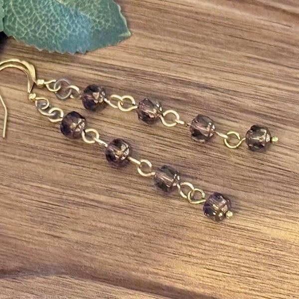 Long Smokey Black and Gold Czech glass earrings