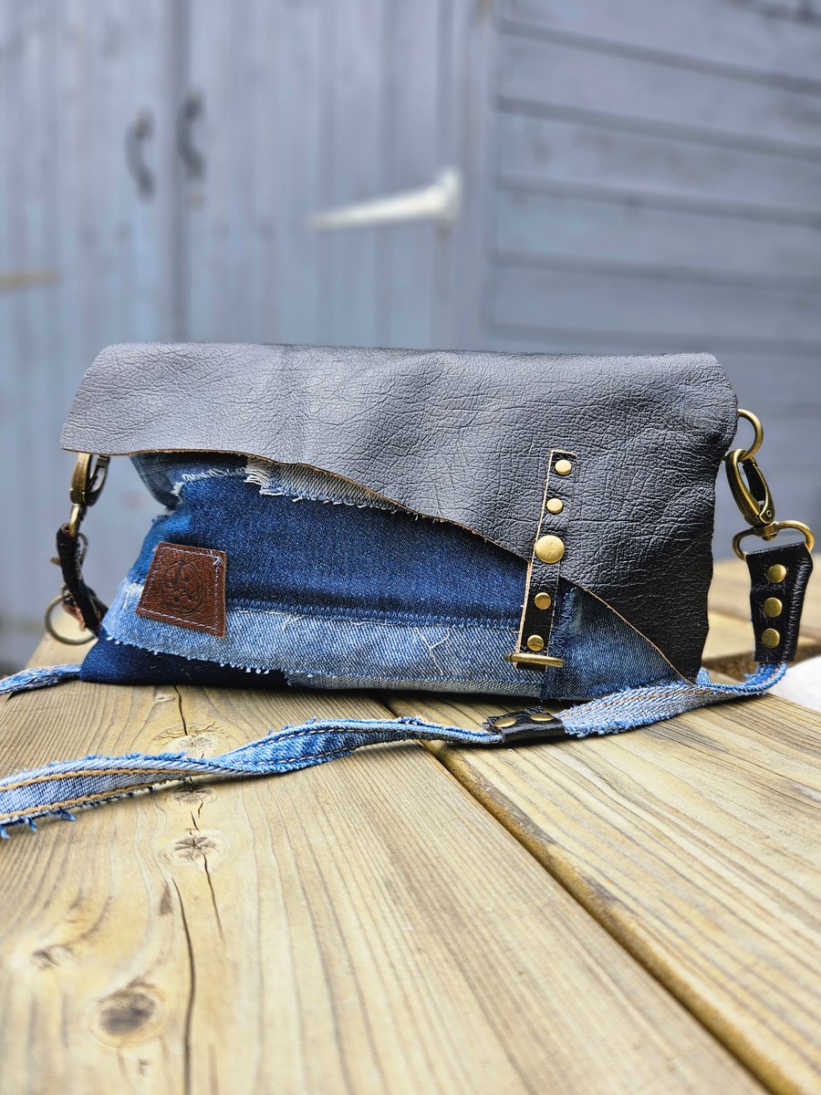 Upcycled Denim & Leather Clutch Bag with Crossbody Strap