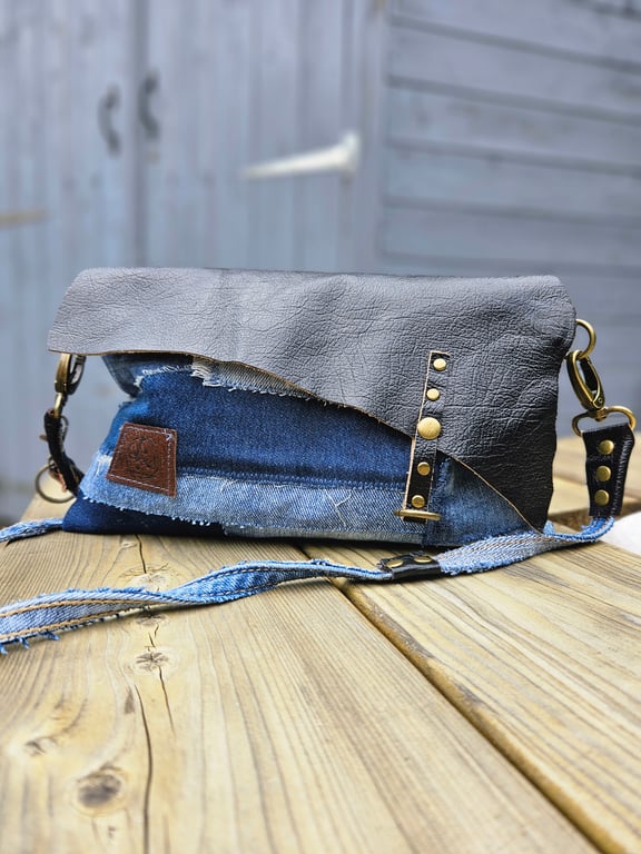 Upcycled Denim & Leather Clutch Bag with Crossbody Strap