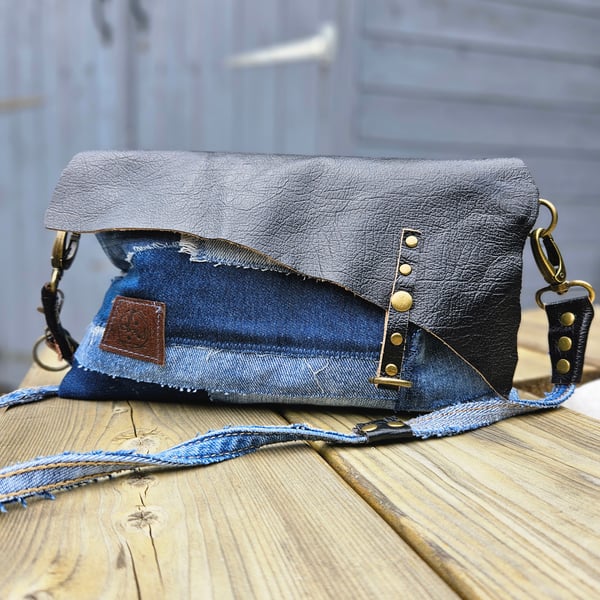 Upcycled Denim & Leather Clutch Bag with Crossbody Strap