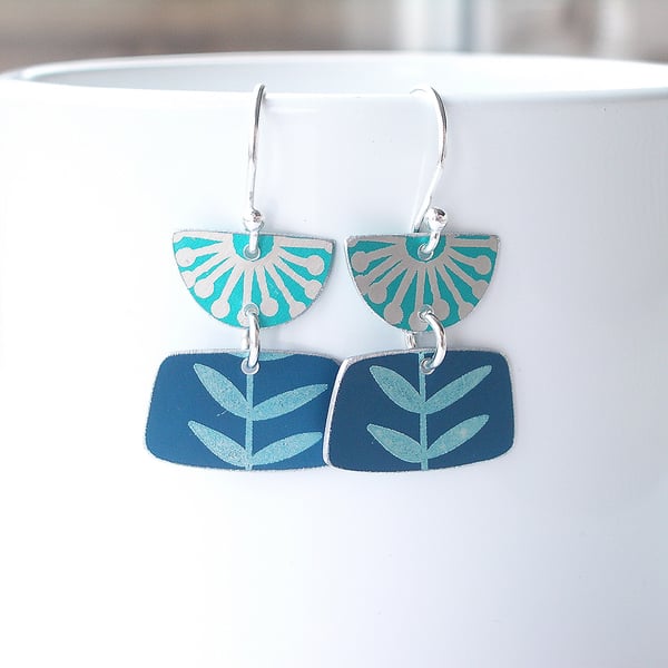 Jade and teal folk art flower earrings 