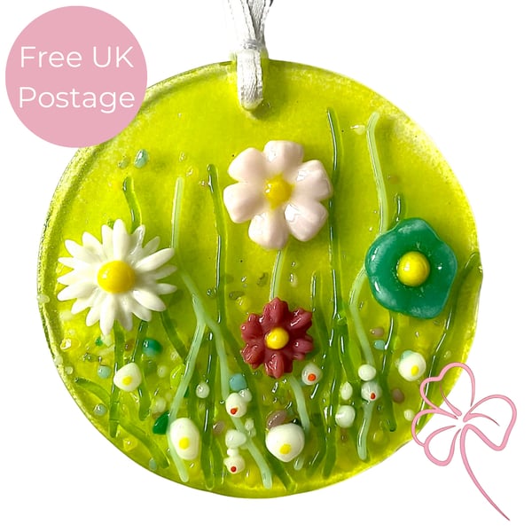 Fused Glass Wildflower Meadow Hanging Decoration - White, Blue & Pink