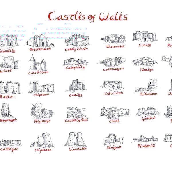 Castles of Wales Hand Drawn Tolkien Style Artwork