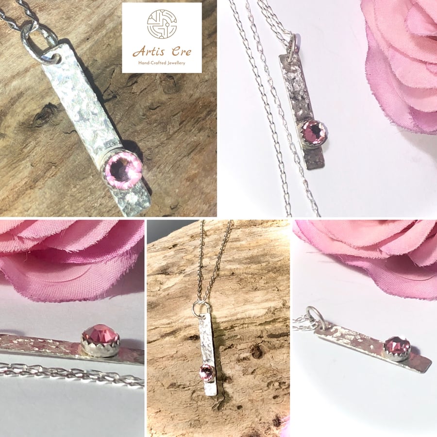 Sterling Silver textured bar pink Swarovski Crystal pendant 22” sterling chain
