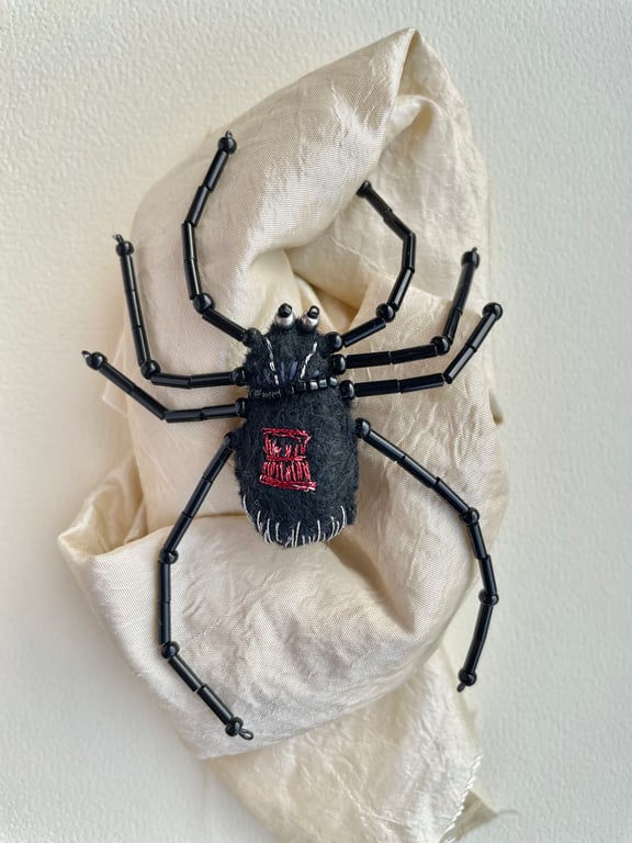 Hand embroidered black widow spider bespoke brooch pin