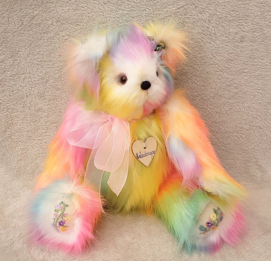 SOLD CUSTOM for GB , hand embroidered collectible rainbow bear 