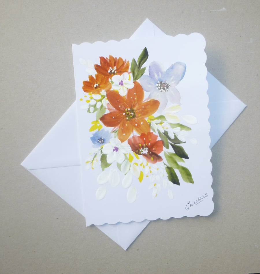 original art hand painted floral greetings card ( ref FA 241 A5 )