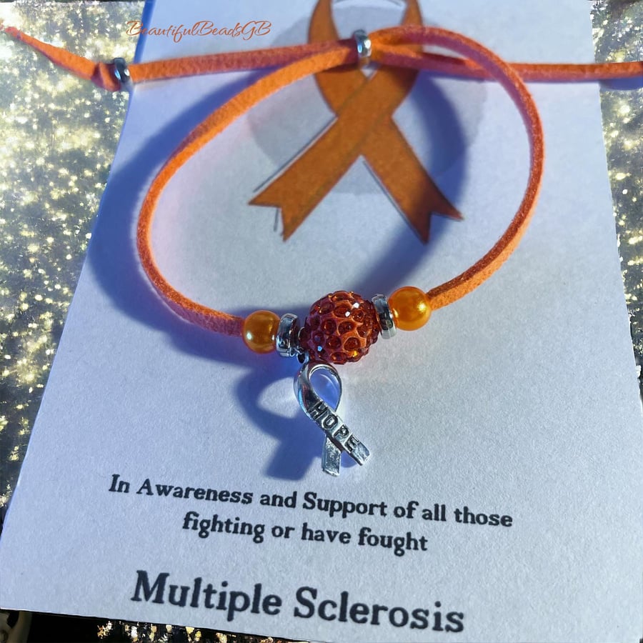 Multiple sclerosis orange Shamballa adjustable suede effect corded bracelet 