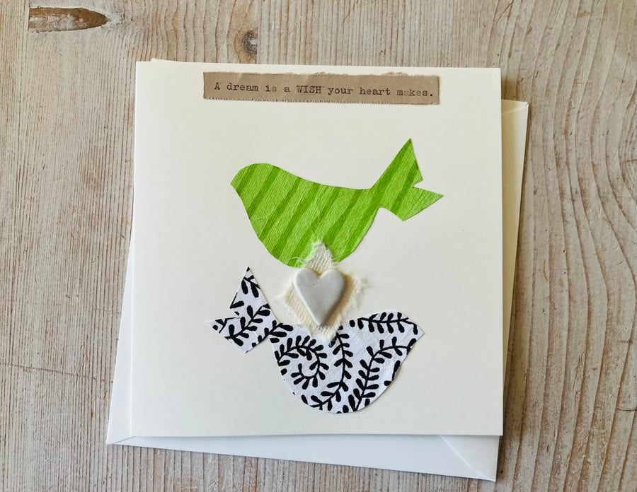 Ceramic love heart hand made card, birthday card, gift idea, bird card 