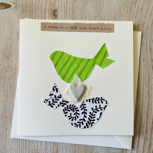 Ceramic love heart hand made card, birthday card, gift idea, bird card 