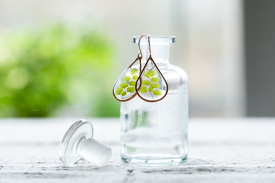 Maidenhair Fern Clear Resin Copper Teardrop Earrings