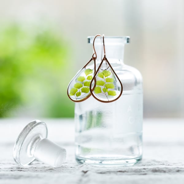 Maidenhair Fern Clear Resin Copper Teardrop Earrings