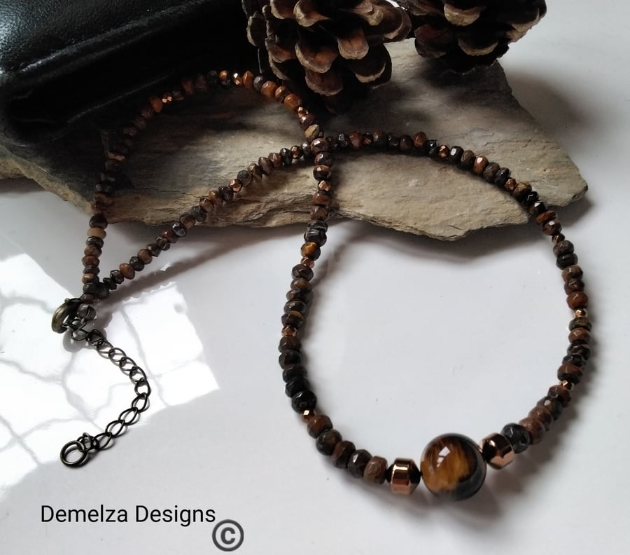 Genuine Yellow Tigers Eye & Heamotite Men's Copper Tone Necklace