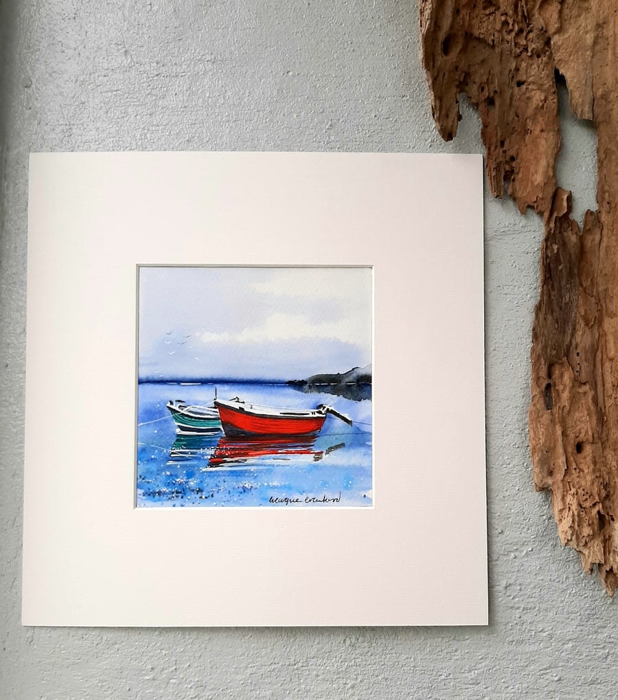 Original Watercolour Landscape Painting of Two Boats With. Free Post. 