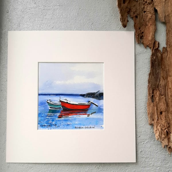 Original Watercolour Landscape Painting of Two Boats With. Free Post. 