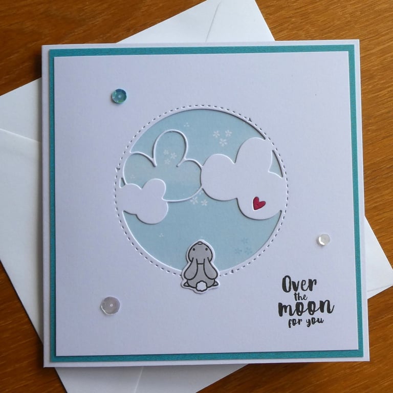 Neutral New Baby Card - Over the Moon for you - Rabbit With Clouds - Aqua