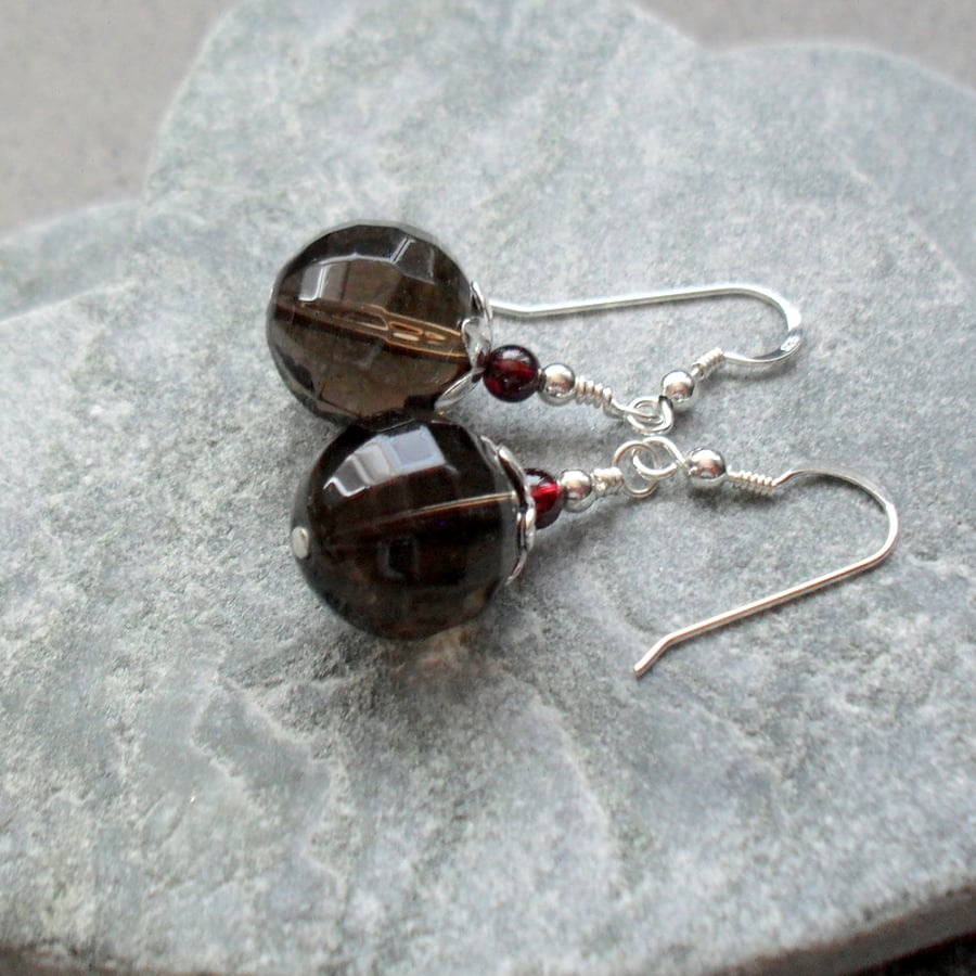 Smokey Quartz and Garnet Sterling Silver Drop Earrings