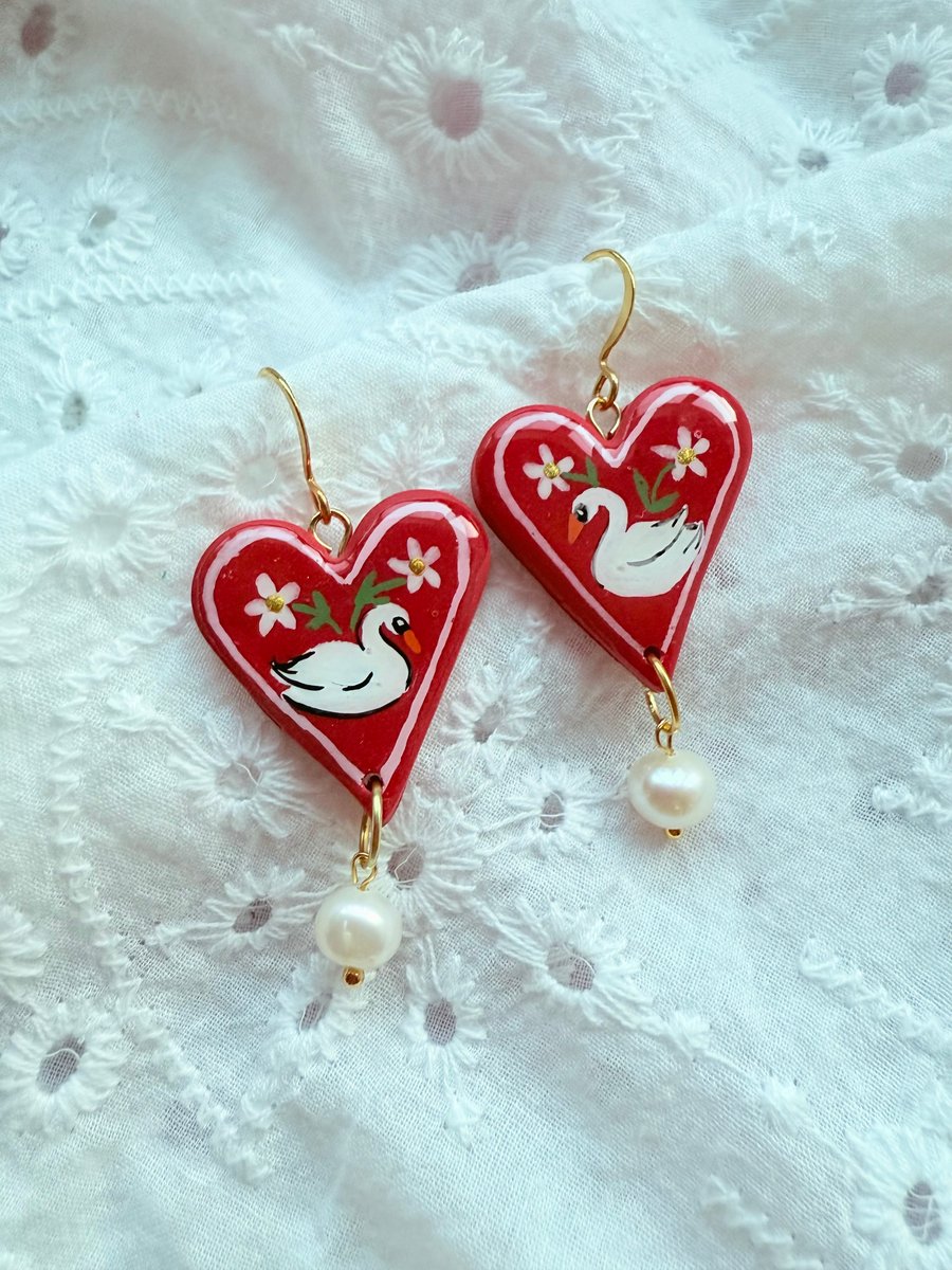 Red Heart Swan Romantic Pearl Drop Earrings - FREE SHIPPING