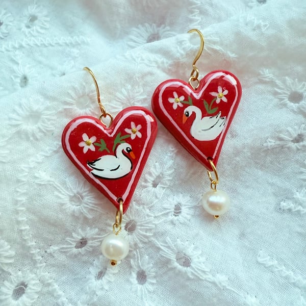 Red Heart Swan Romantic Pearl Drop Earrings - FREE SHIPPING
