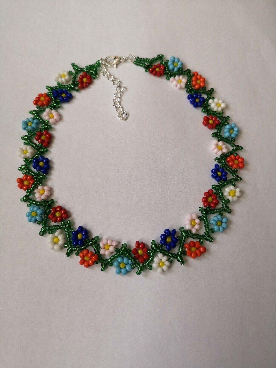Multi coloured FLOWER chain seed BEAD necklace weave BOHO 16"-18" glass beaded