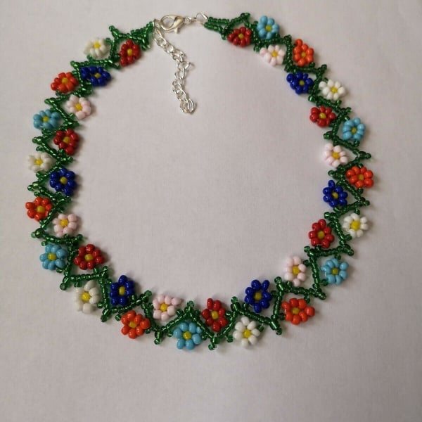 Multi coloured FLOWER chain seed BEAD necklace weave BOHO 16"-18" glass beaded