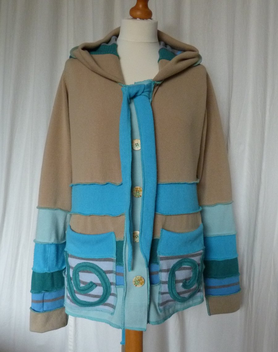  Clearance SALE Upcycled Sweater Jacket with Buttons Hood Patch Pockets 