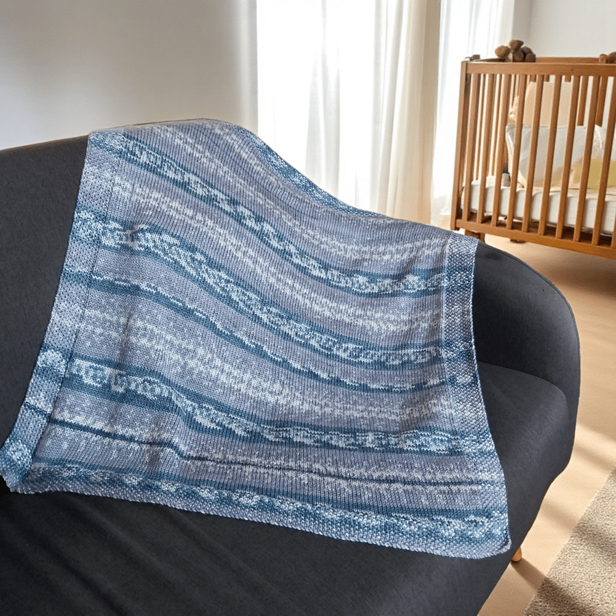 Hand Knitted Baby Blanket – Neutral Greys & Cream, Fair Isle Style 