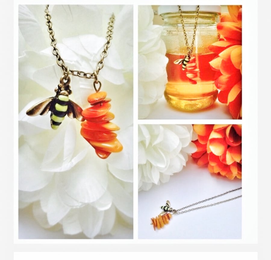 Bumble bee and amber coloured shell bead honeycomb necklace