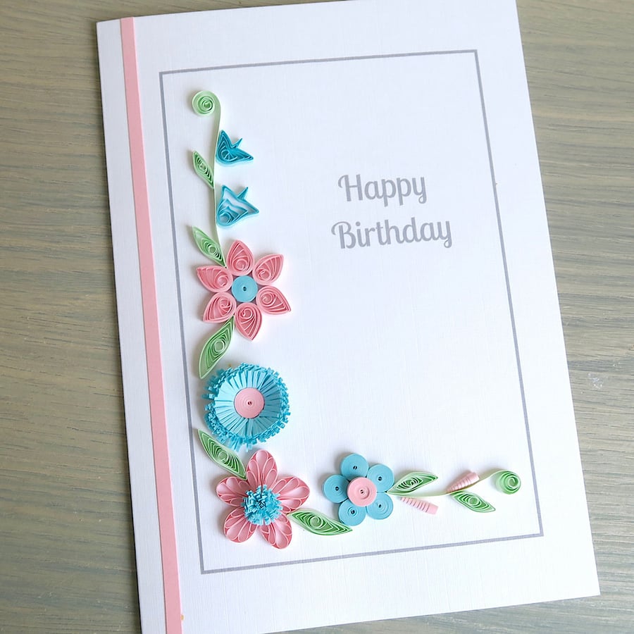 Handmade Birthday Card, Quilled Pink & Blue Floral Card