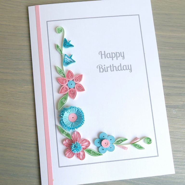Handmade Birthday Card, Quilled Pink & Blue Floral Card