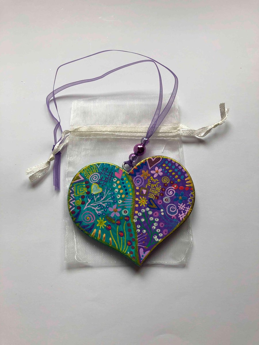Hand painted abstract wooden heart