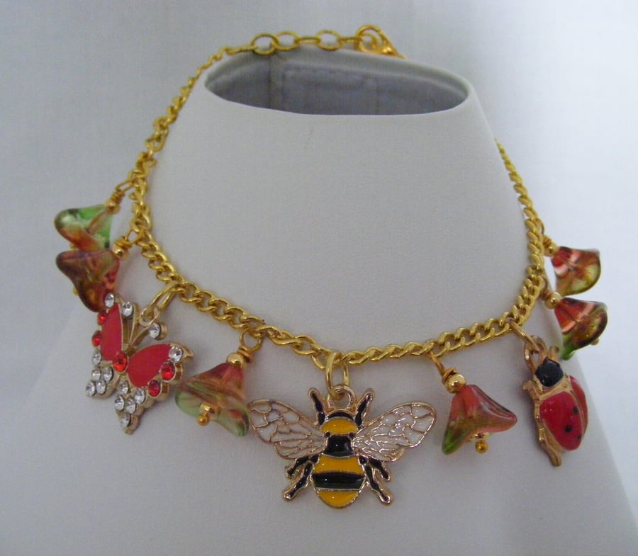 Flowers, Bee, Ladybird and Butterfly Charm Anklet
