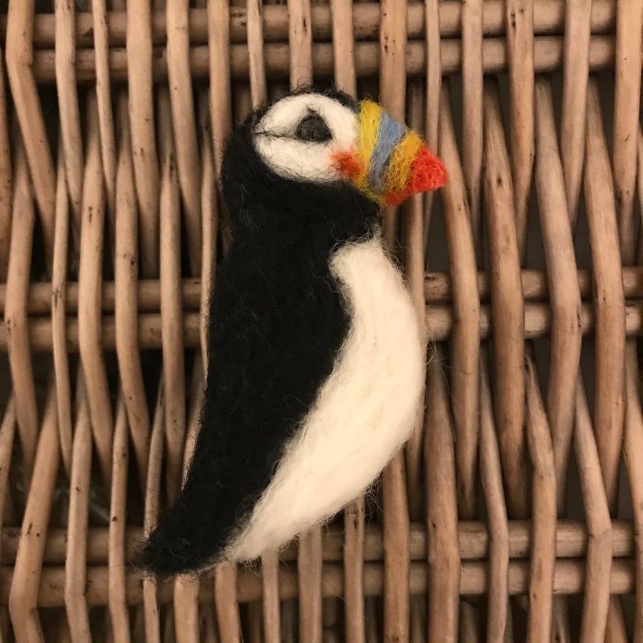 Puffin brooch needle felted wearable art