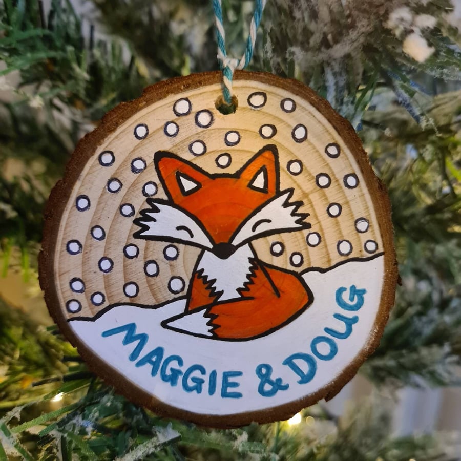 Fox in the Snow Log Christmas Decoration, Option for Personalisation, Free P&P