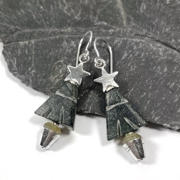 Silver and jade Christmas tree earrings