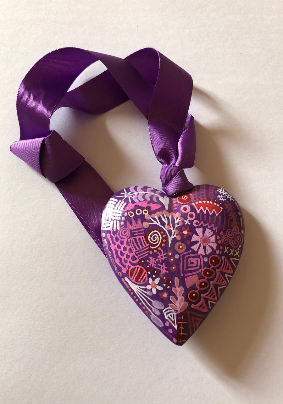 Purple hand painted wooden heart