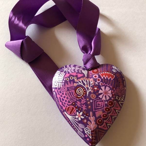 Purple hand painted wooden heart