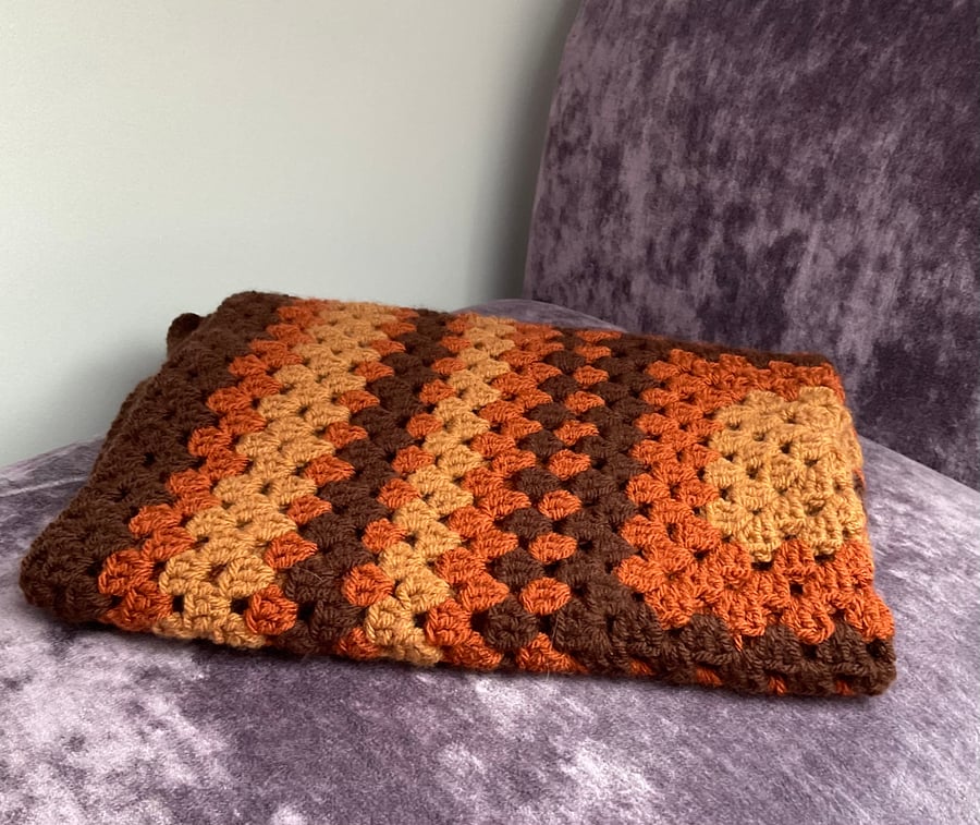 Crochet Blanket Vintage Style Granny Square in Retro Brown