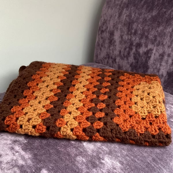 Crochet Blanket Vintage Style Granny Square in Retro Brown