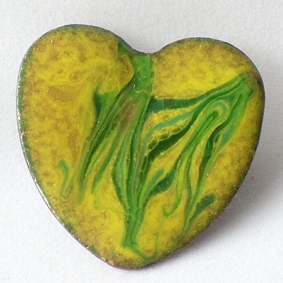 brooch -heart, scrolled green on yellow over clear enamel