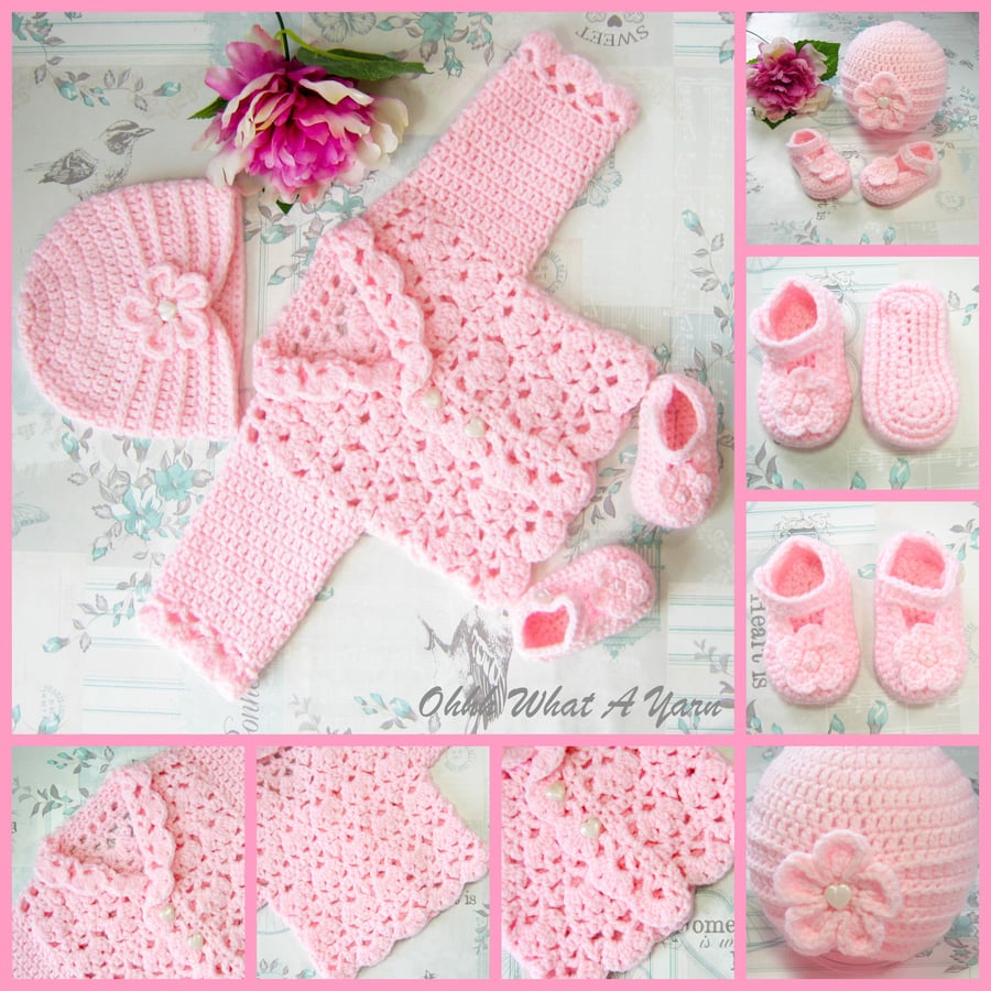 Pink baby cardigan, hat and shoes set, layette. 0-3 months