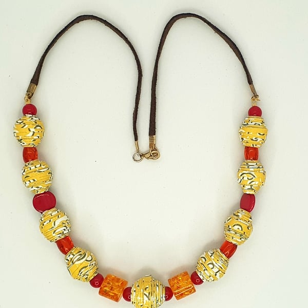 Colourful yellow paper beaded necklace with preloved orange beads 