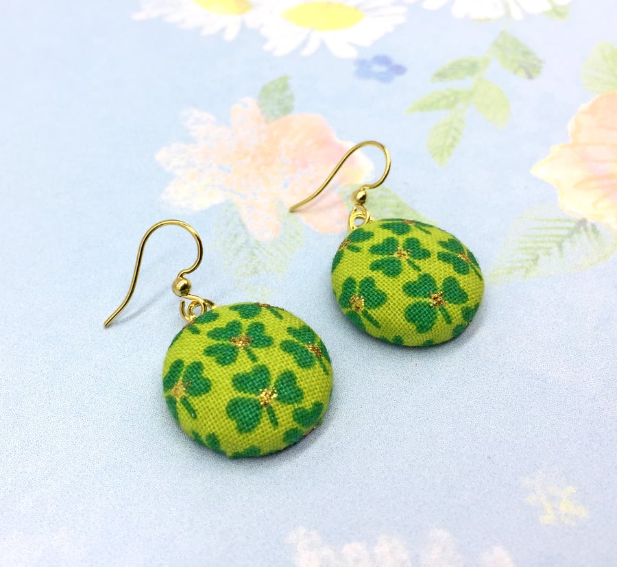 Mini Shamrocks fabric button dangle earrings Lucky gifts for her