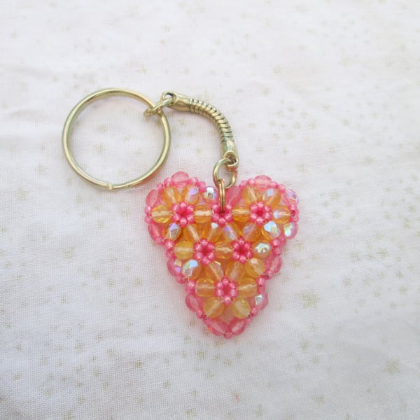 Yellow and pink heart beaded keyring or bag charm, Valentine or anniversary gift