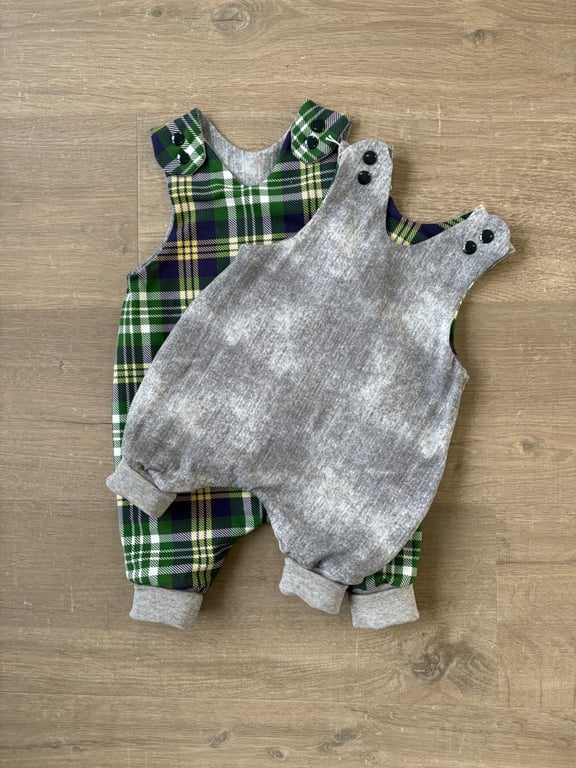 Green Tartan and Grey "Denim" Reversible Romper (up to 6-9 months)