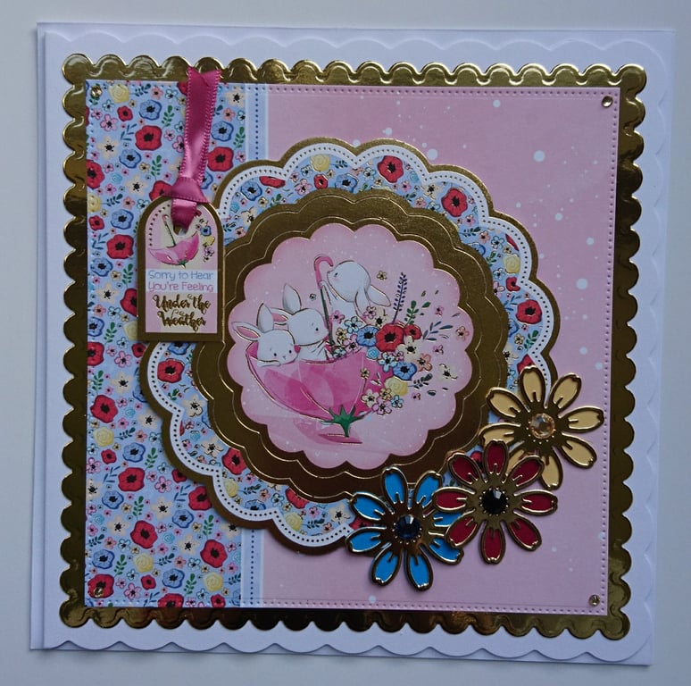 Get Well Card Bunny Rabbits Umbrella Floral Under the Weather