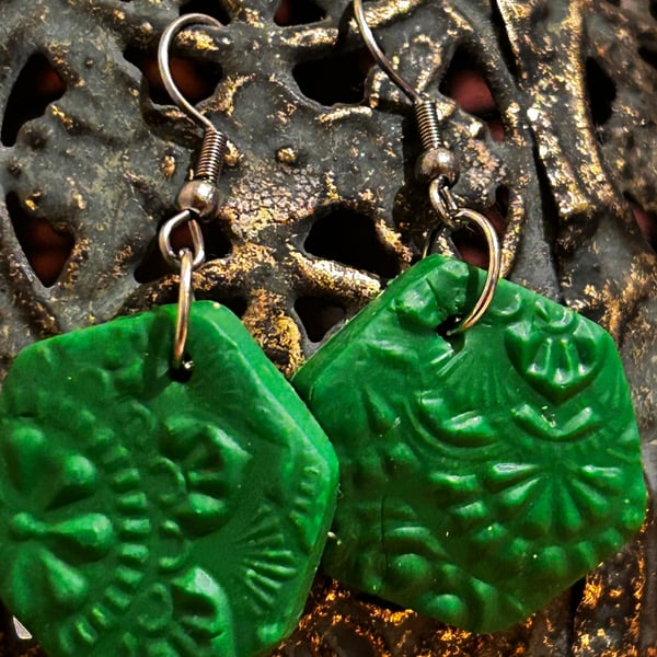Green Polymer Clay Dangle Earrings 