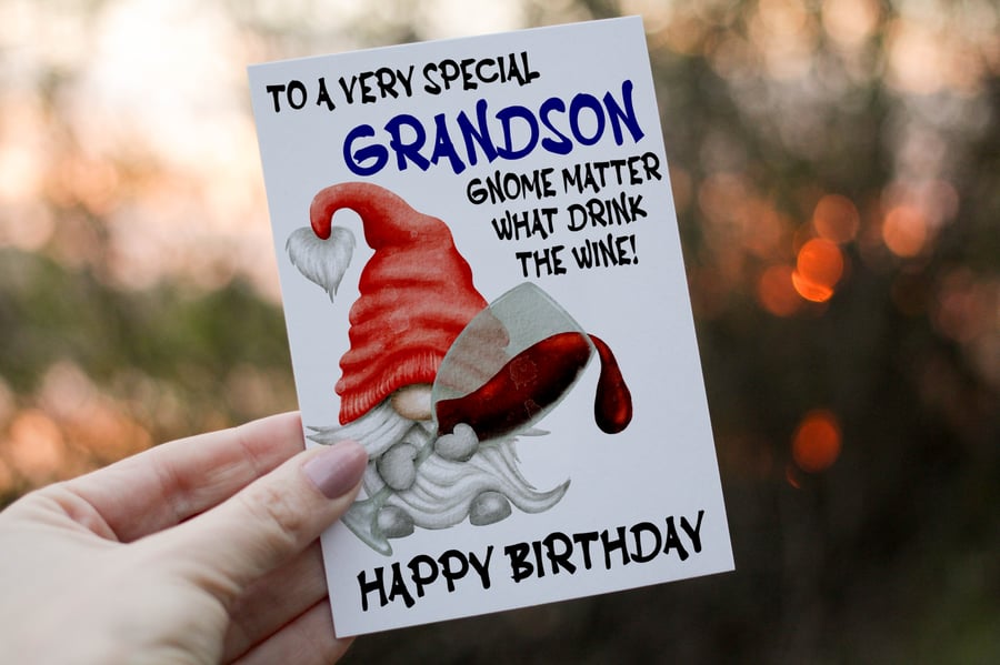 Special Grandson Drink The Wine Gnome Birthday Card, Gonk Birthday Card