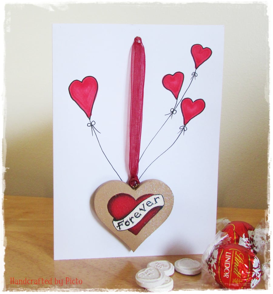 Card & Gift in one, Hanging Heart 'Forever Banner' Red Love Heart