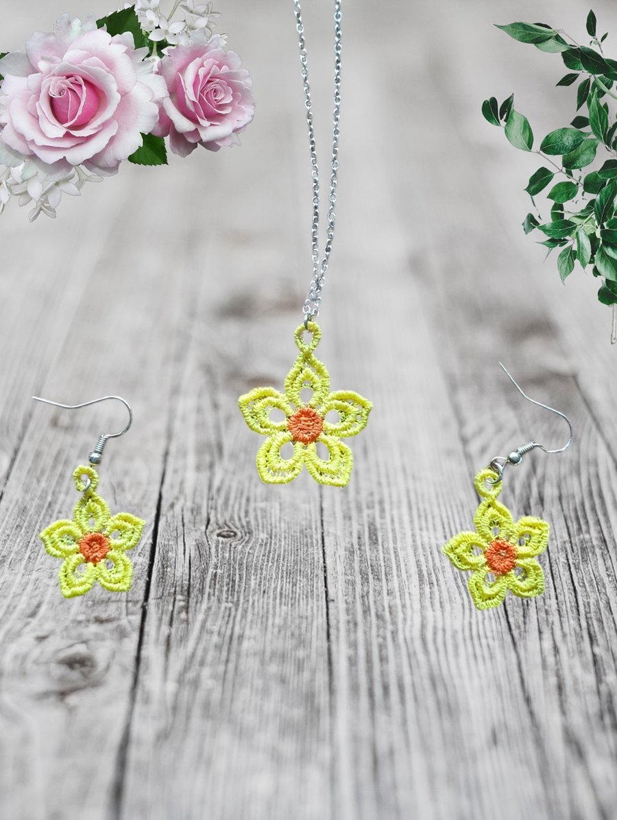 Yellow and Orange Flower Embroidered Necklace & Earring Set
